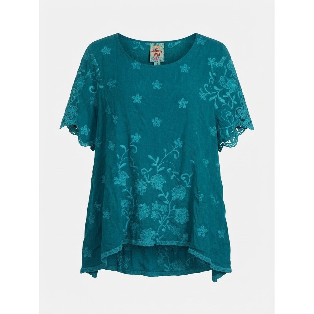 Johnny Was Womens Top Xl Boho Green Floral Hippie Designer Short Sleeve Luxury